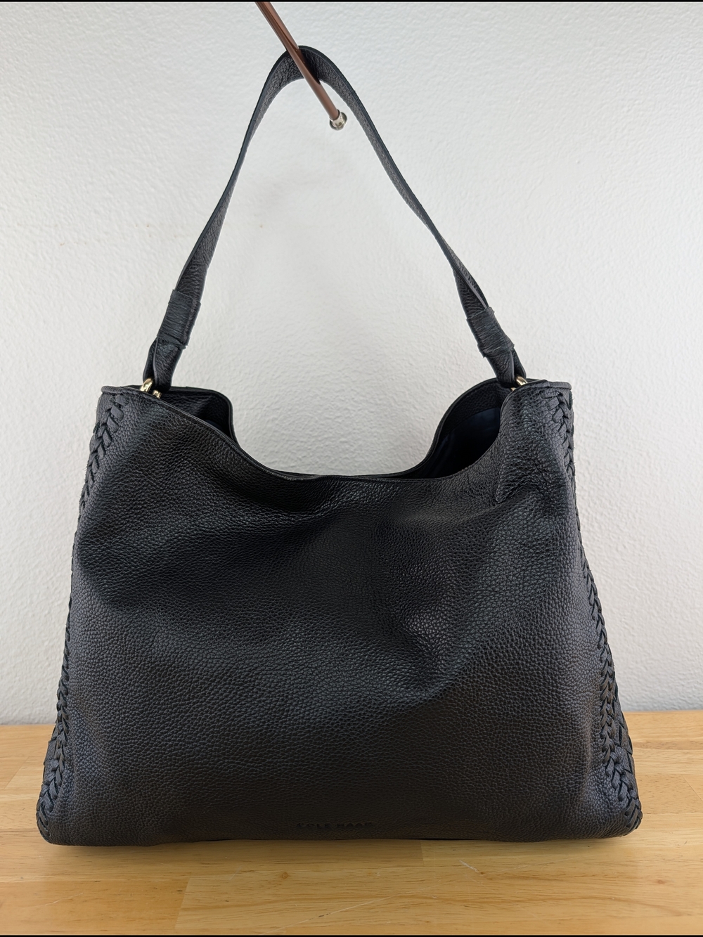 Cole Haan Dillan Black Pebbled Leather Hobo Shoulder Bag Basket-weave Detail